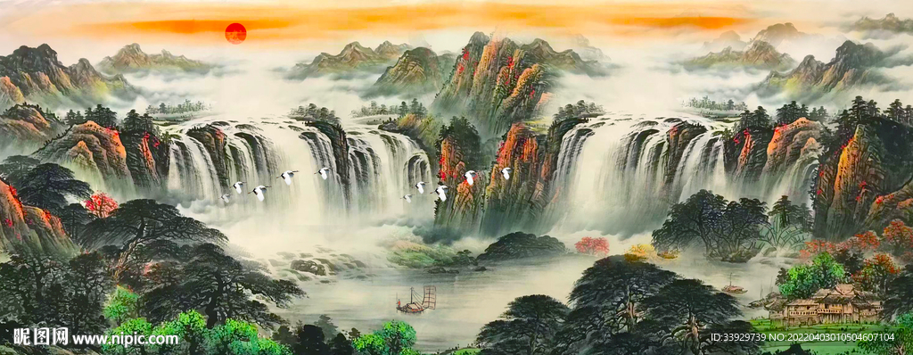 流水生财山水画