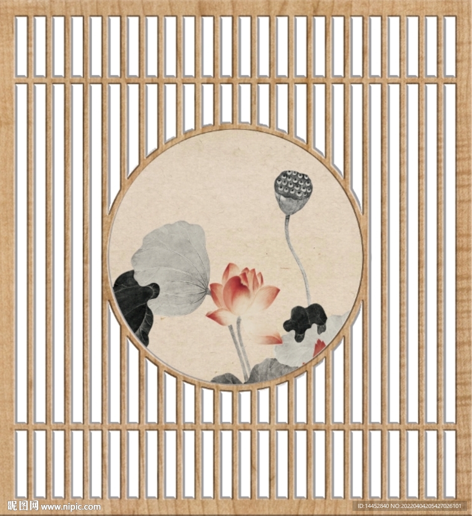 花鸟荷花格栅屏风