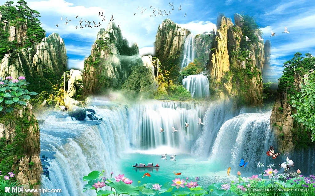 高山流水瀑布江山多娇壁画背景墙