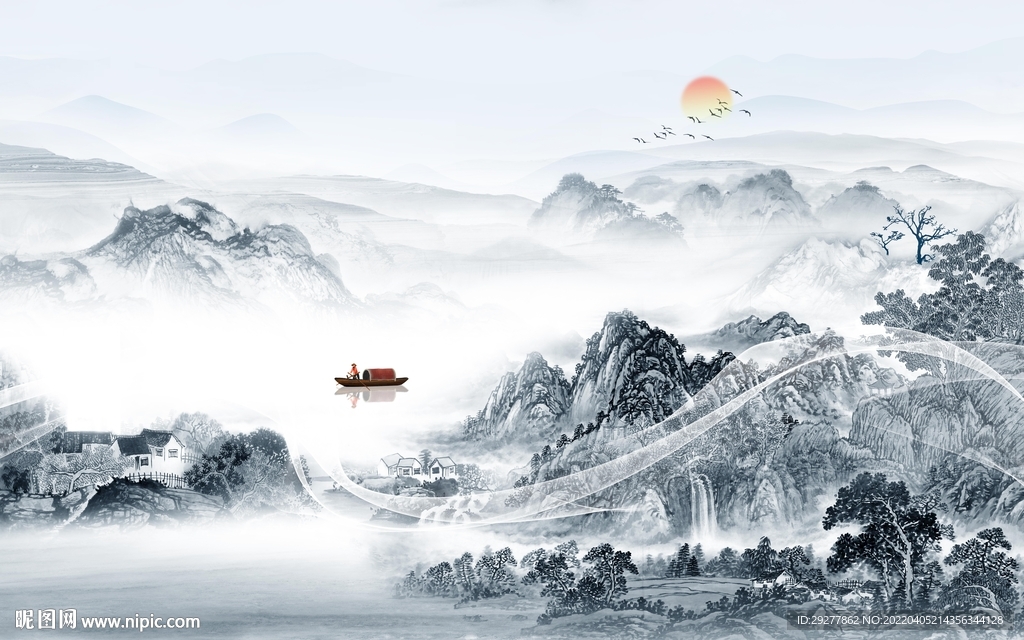 高档 客厅山水墙画 tif分层