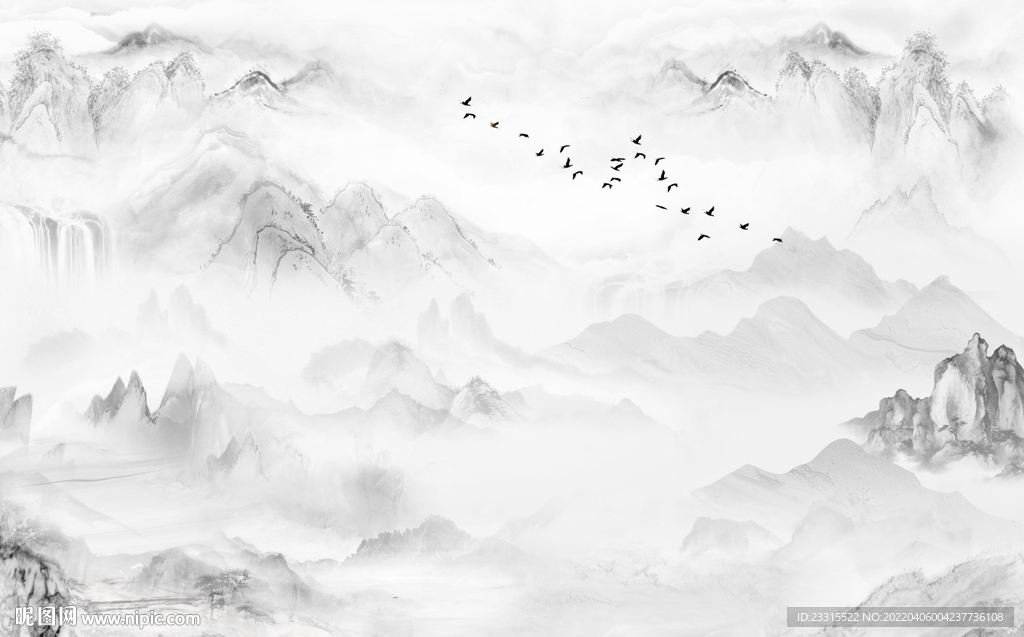 雅士白水墨山水新中式背景墙