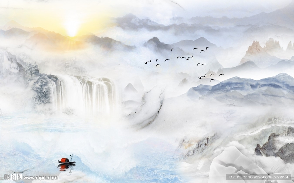 高山流水旭日东升新中式背景墙