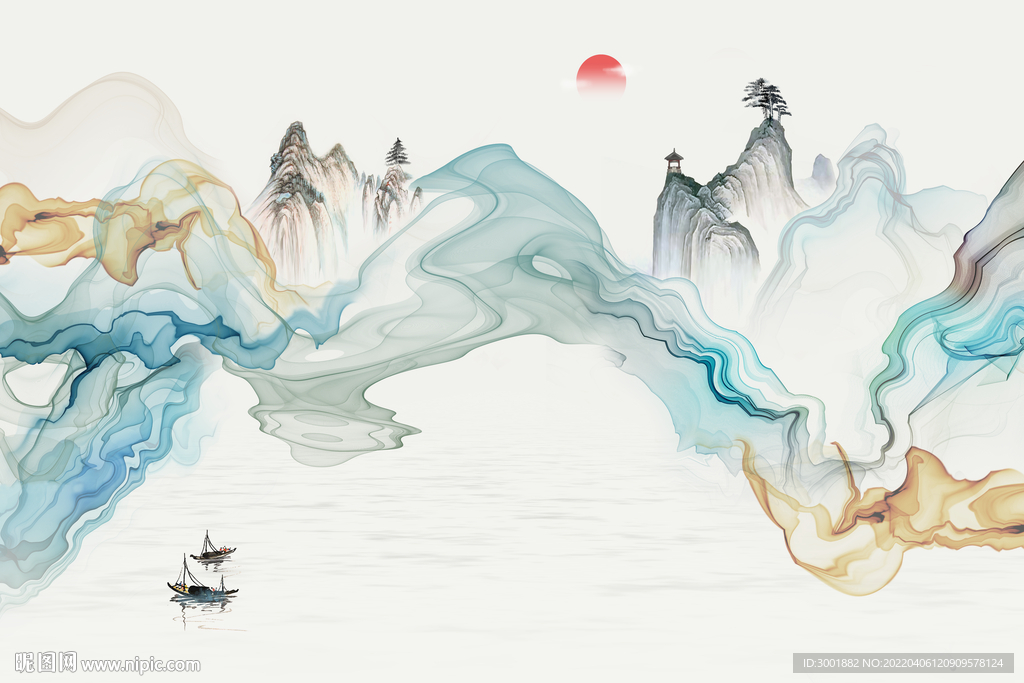 轻奢装饰画 抽象线条弧线船日出