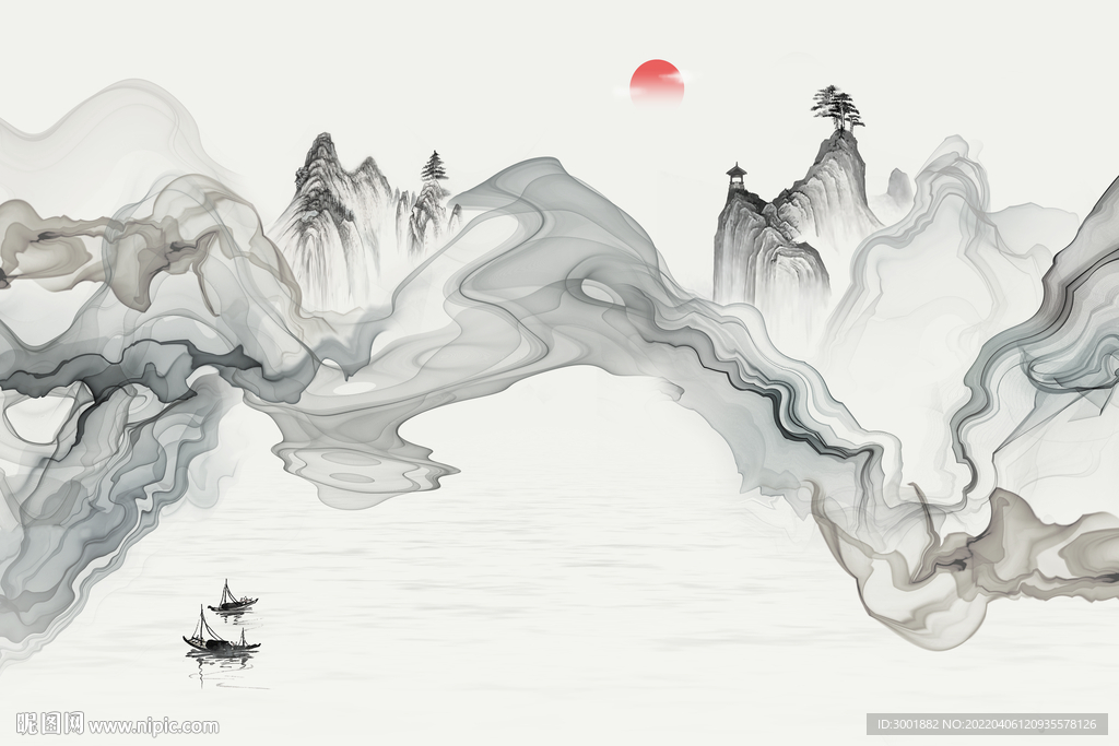 轻奢装饰画 抽象线条弧线船日出