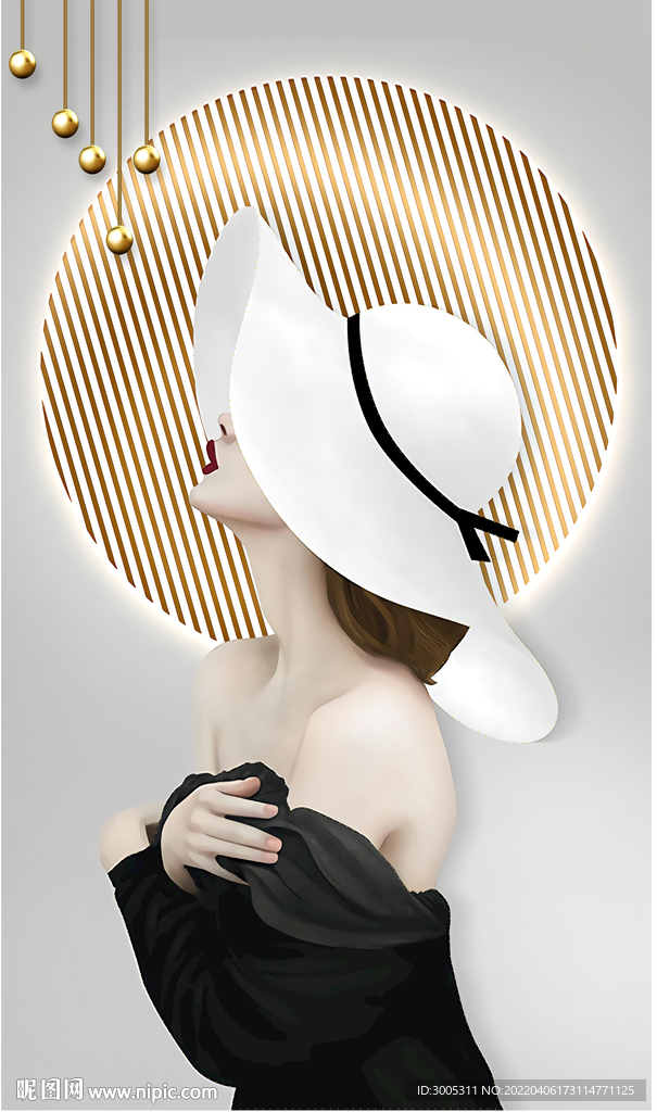 轻奢装饰画 美女 帽子