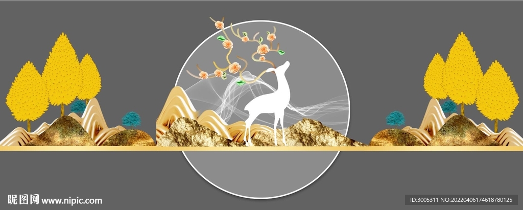 轻奢装饰画 麋鹿 树 山