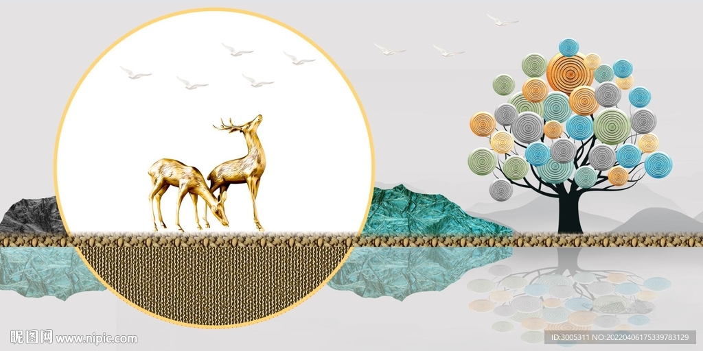 轻奢装饰画 麋鹿 树 圆圈