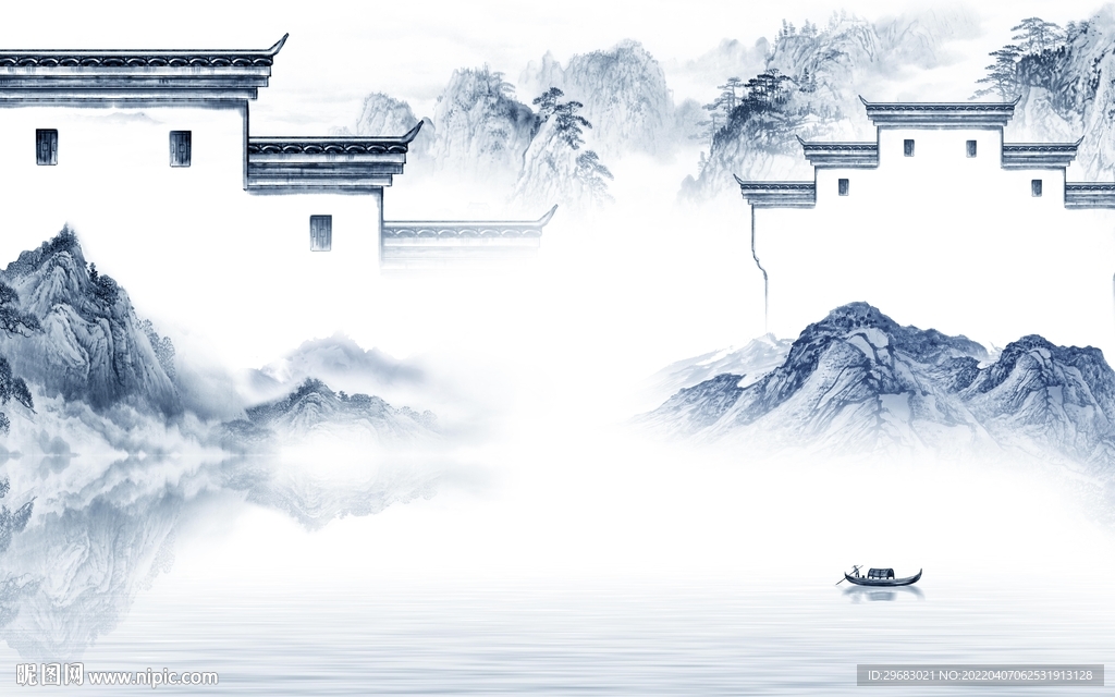 徽派背景墙山水图 TIF分层