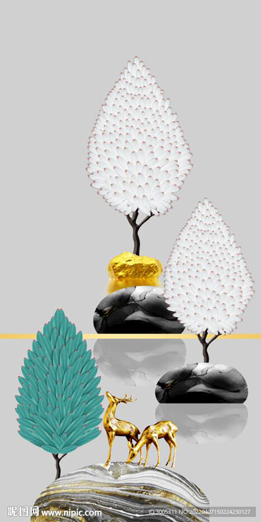 轻奢装饰画 麋鹿 石头 树