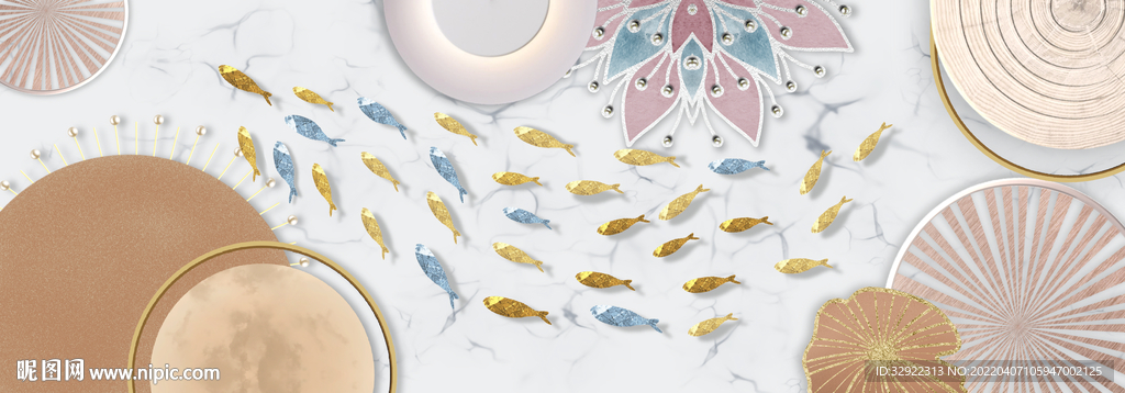 金色鱼群年轮装饰画