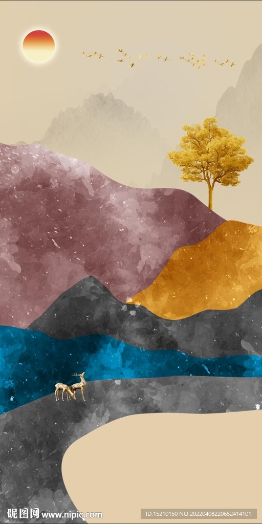 山脉发财树玄关背景墙