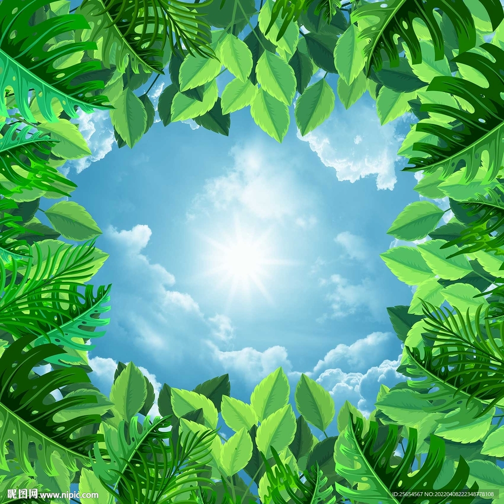 树叶蓝天白云天顶吊顶背景墙