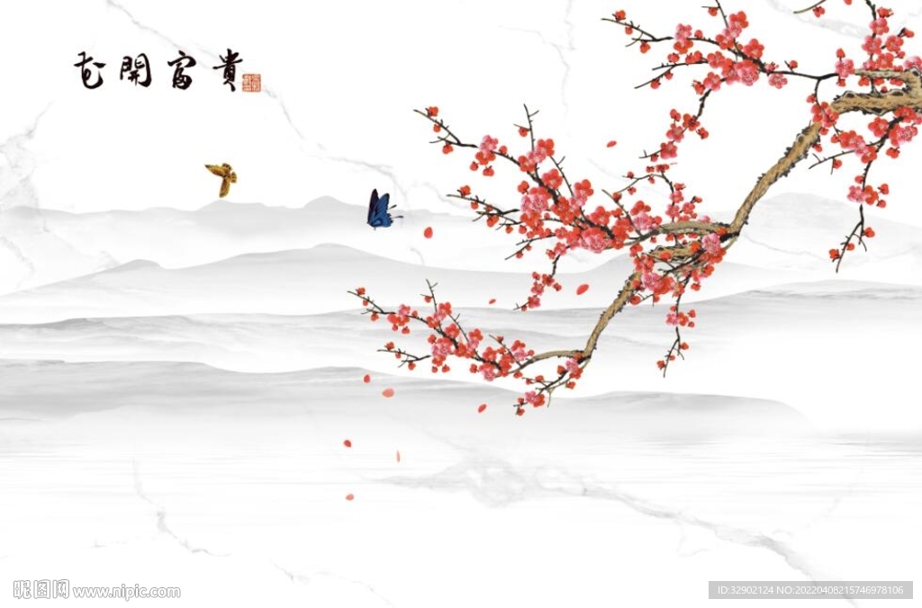 中式山水花鸟背景墙