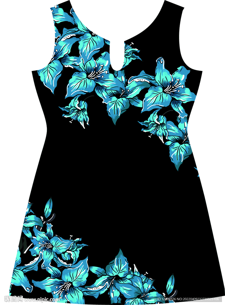 定位数码印花连衣裙花朵