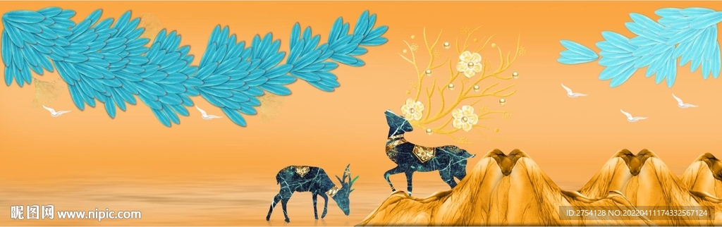 轻奢装饰画 麋鹿 树枝蓝色叶子