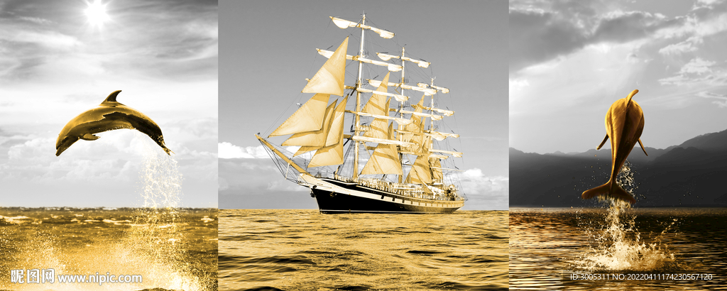 轻奢装饰画 帆船 海豚