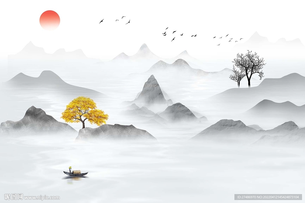 新中式简约国画意境山水背景墙