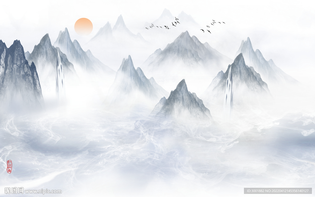 轻奢装饰画 新中式山水画 日出