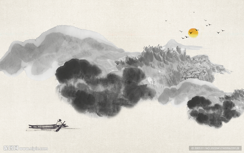 轻奢装饰画 新中式水墨山水画船