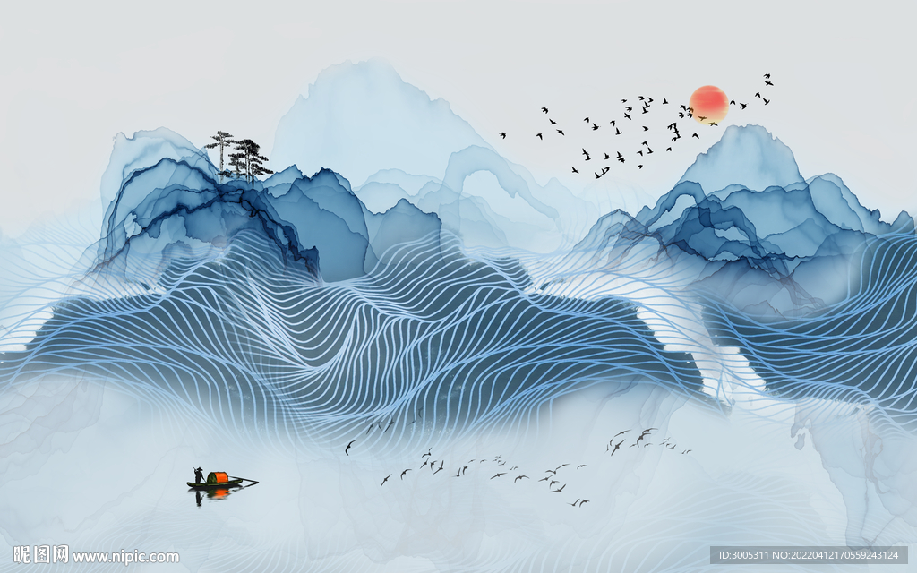 轻奢装饰画新中式水墨山水船线条