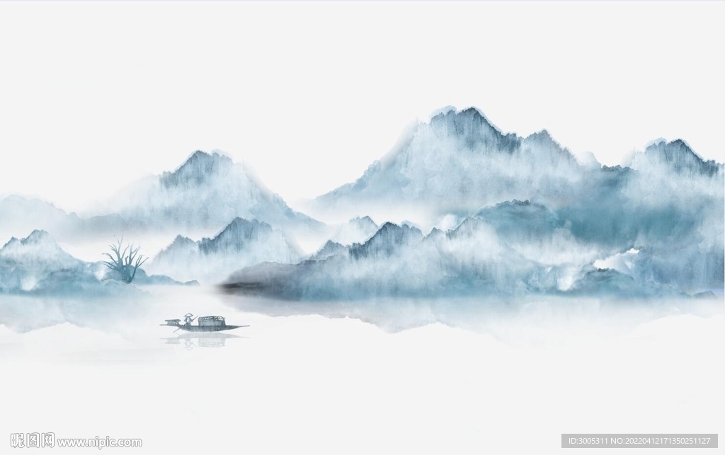 轻奢装饰画 新中式水墨山水画船