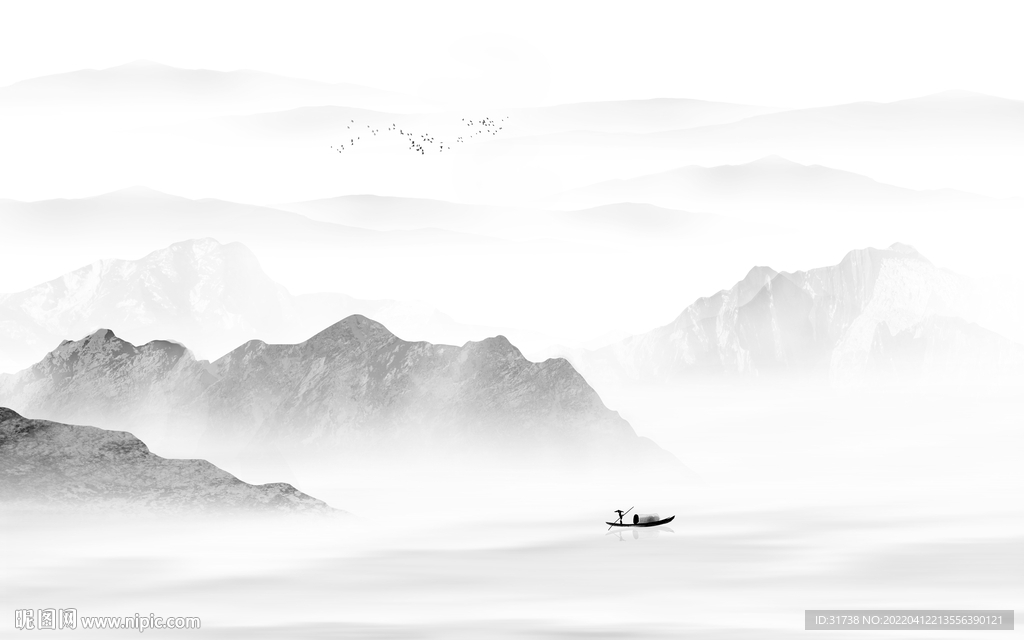 雅士白水墨山水新中式背景墙