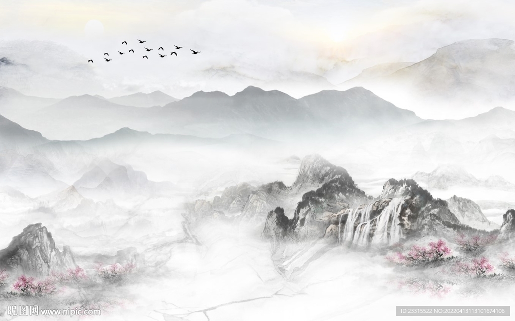高山流水简约新中式背景墙
