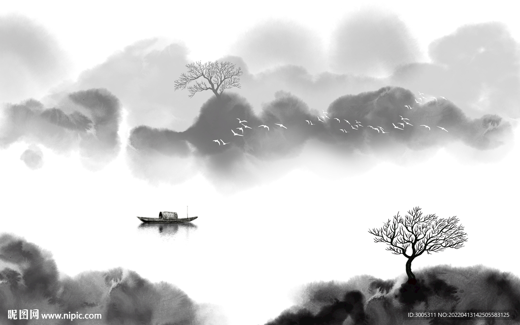 轻奢装饰画 新中式水墨山水画船