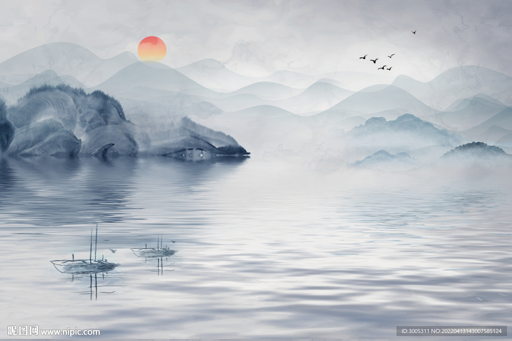 轻奢装饰画 新中式山水画船日出