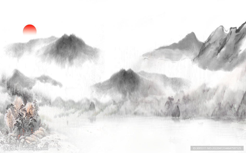 轻奢装饰画 新中式山水画 日出