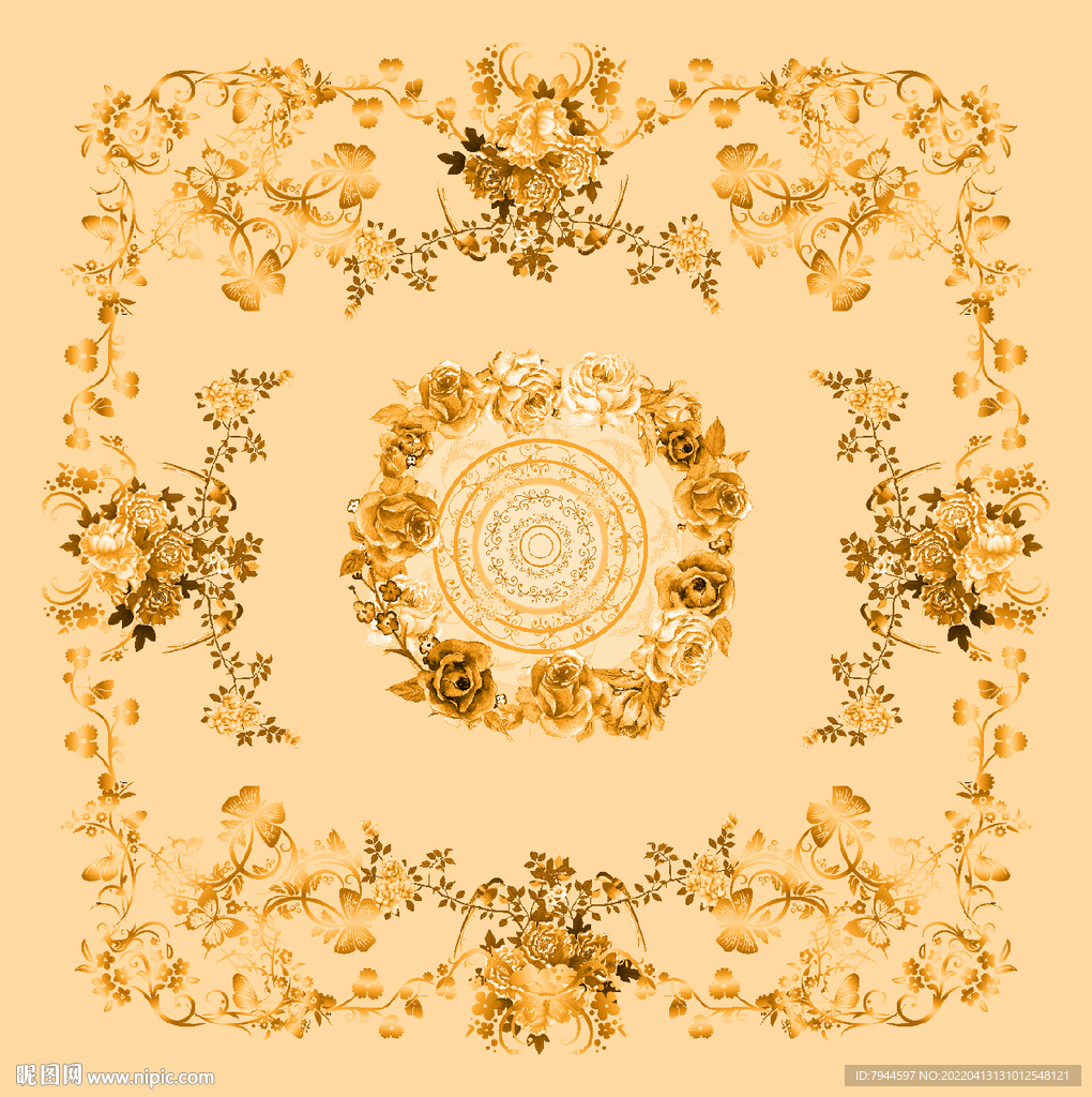 金色花卉方巾数码印花