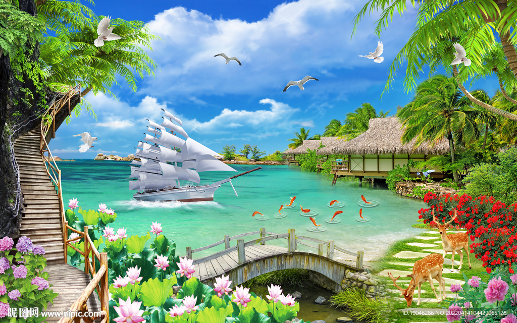一帆风顺大海椰树风景背景墙