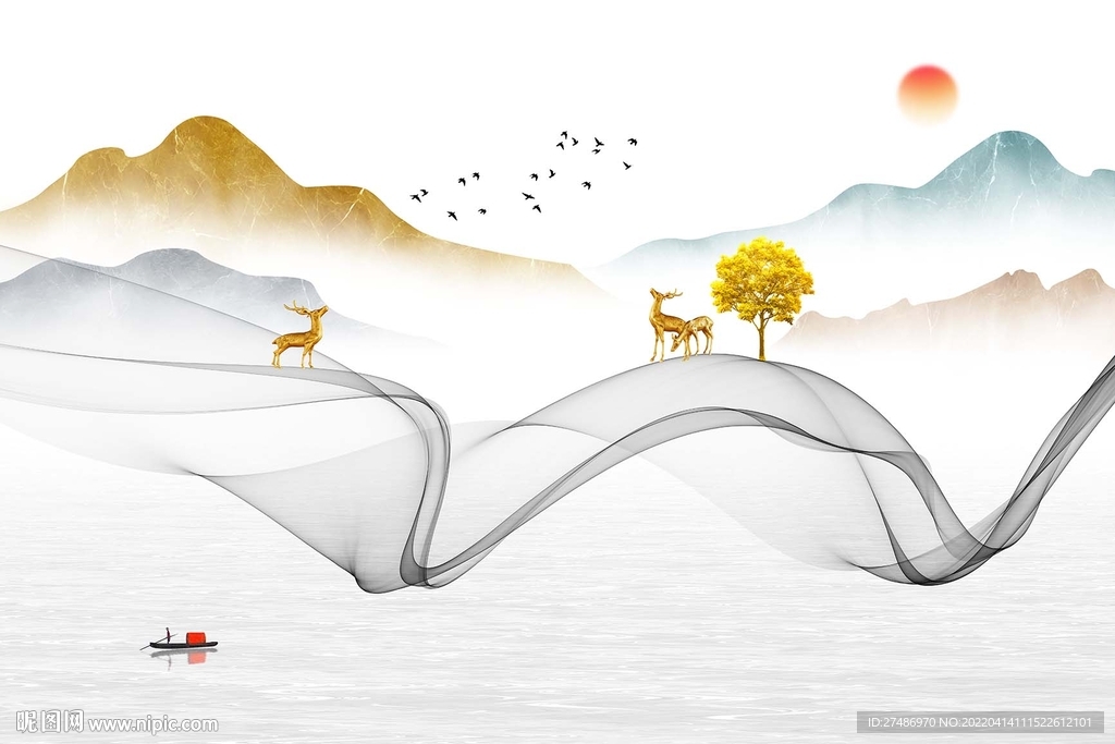 简约北欧山水飘带电视背景墙