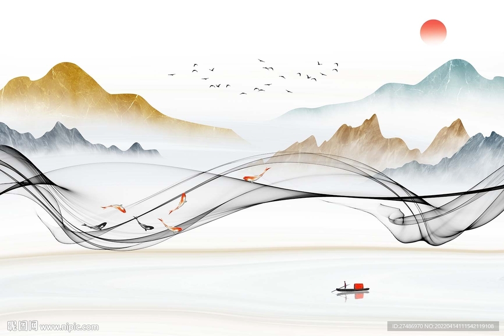 新中式九鱼图山水飘带背景墙