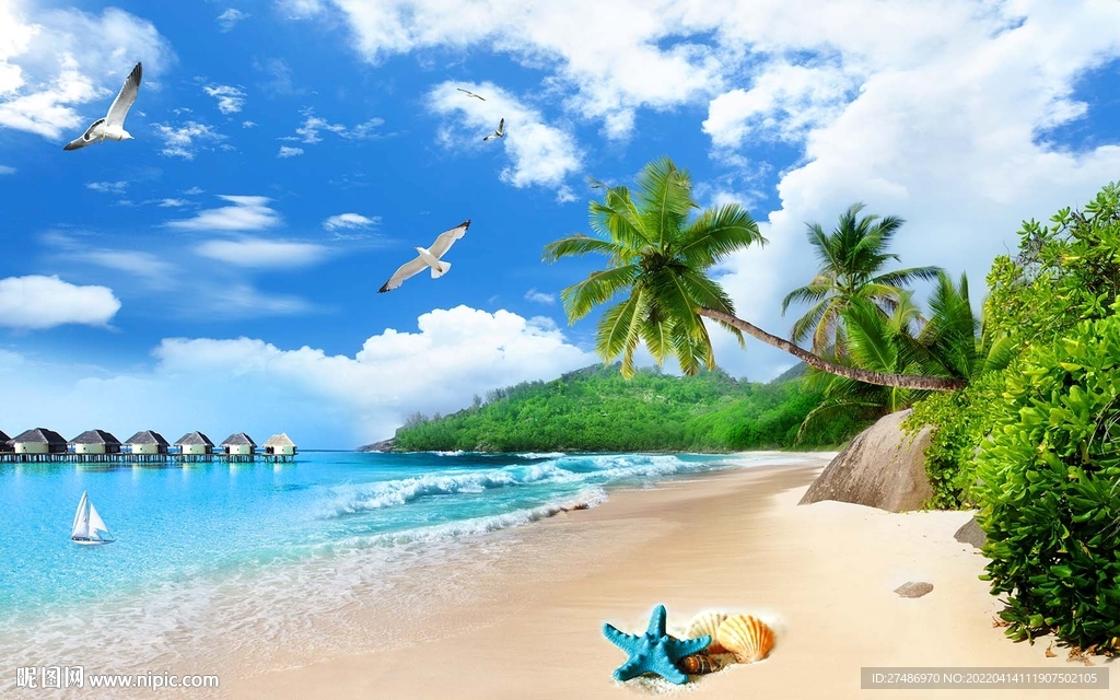 3D北欧唯美天空海景度假背景墙