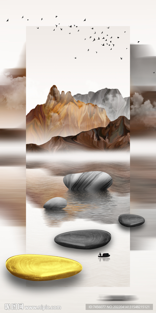 水墨山脉湖畔石头玄关过道装饰画