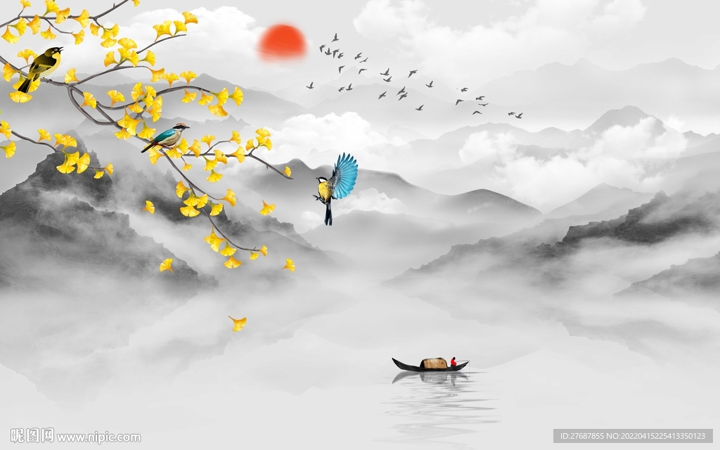 新中式山水工笔花鸟背景墙 