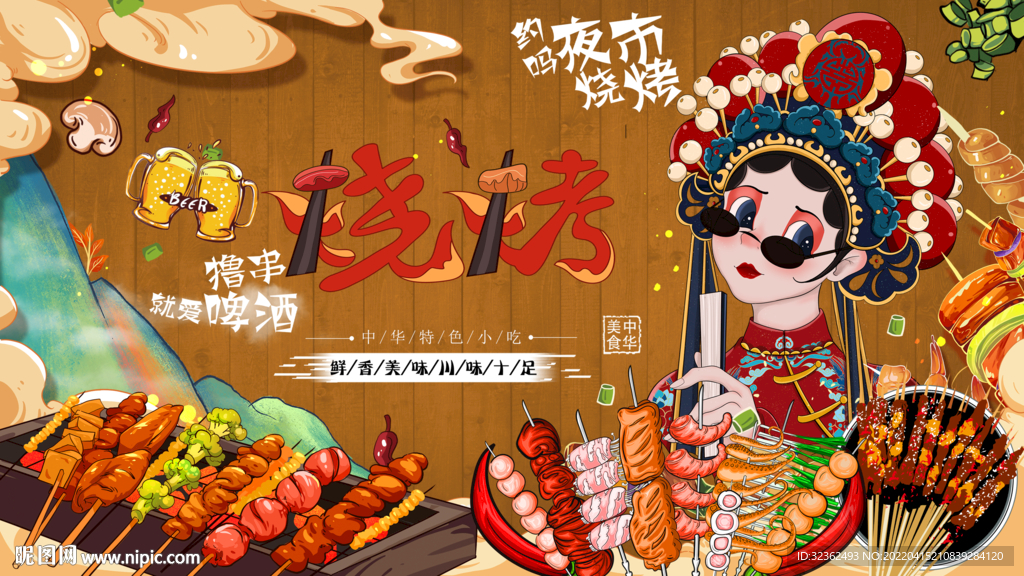 国潮烧烤工装美女背景
