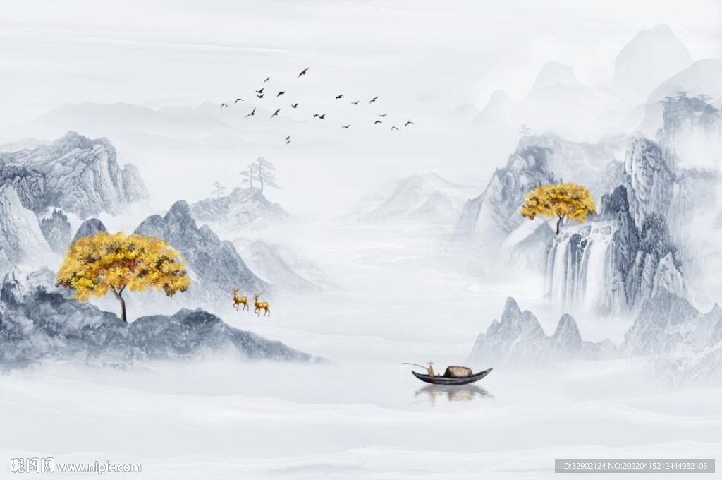 水墨山水宁静致远背景墙