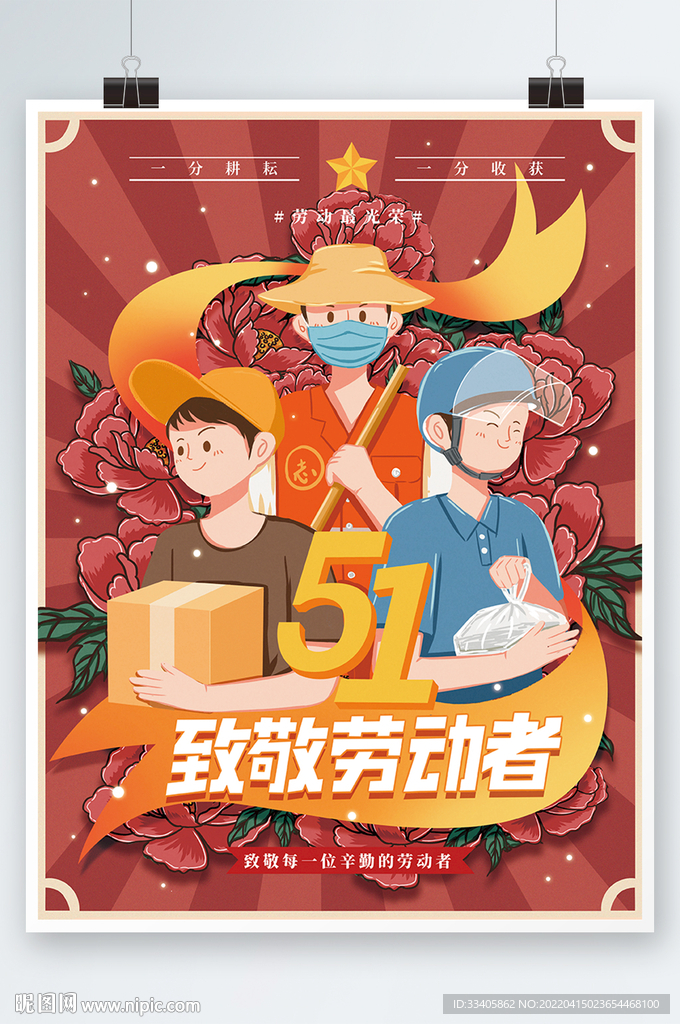 五一复古插画风劳动节节日海报