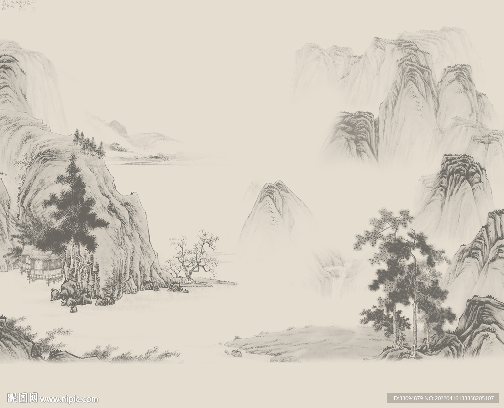 高清分层水墨山水背景墙