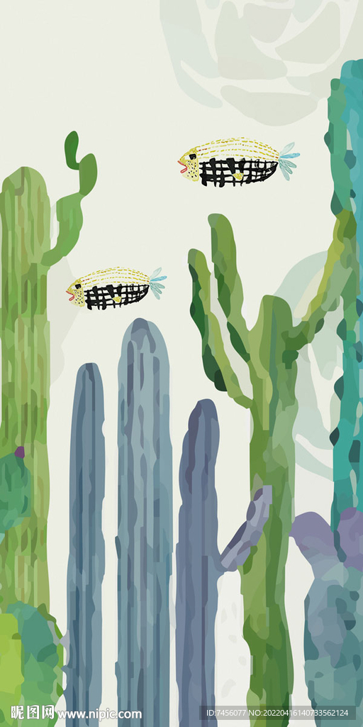 水彩仙人掌游鱼玄关装饰画