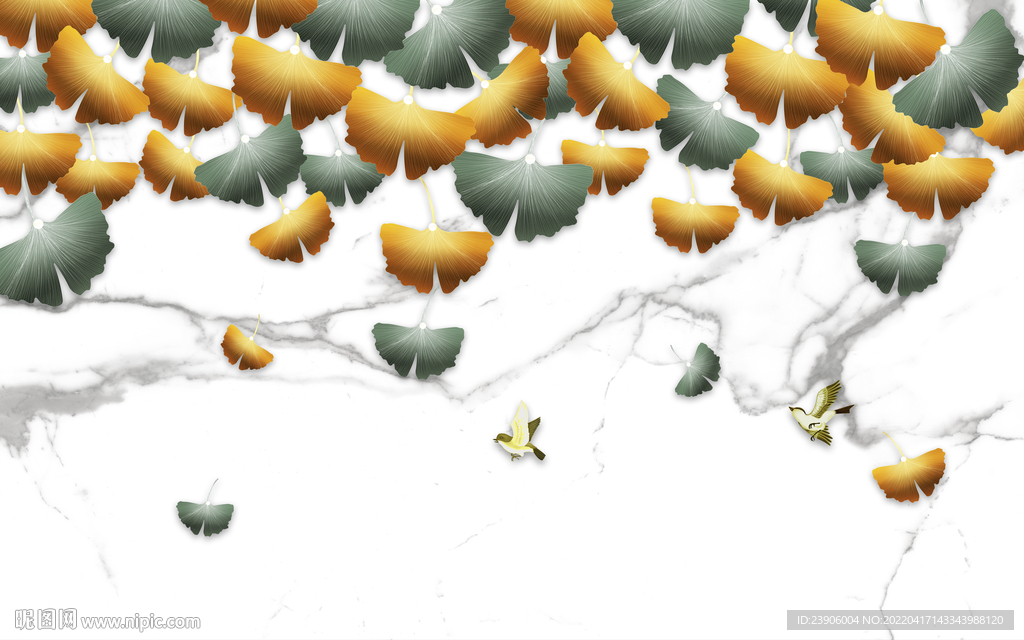 新中式银杏花鸟背景墙壁画