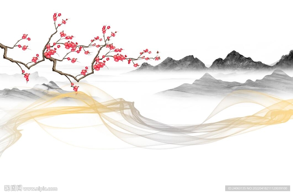 新中式山水国画花鸟背景墙