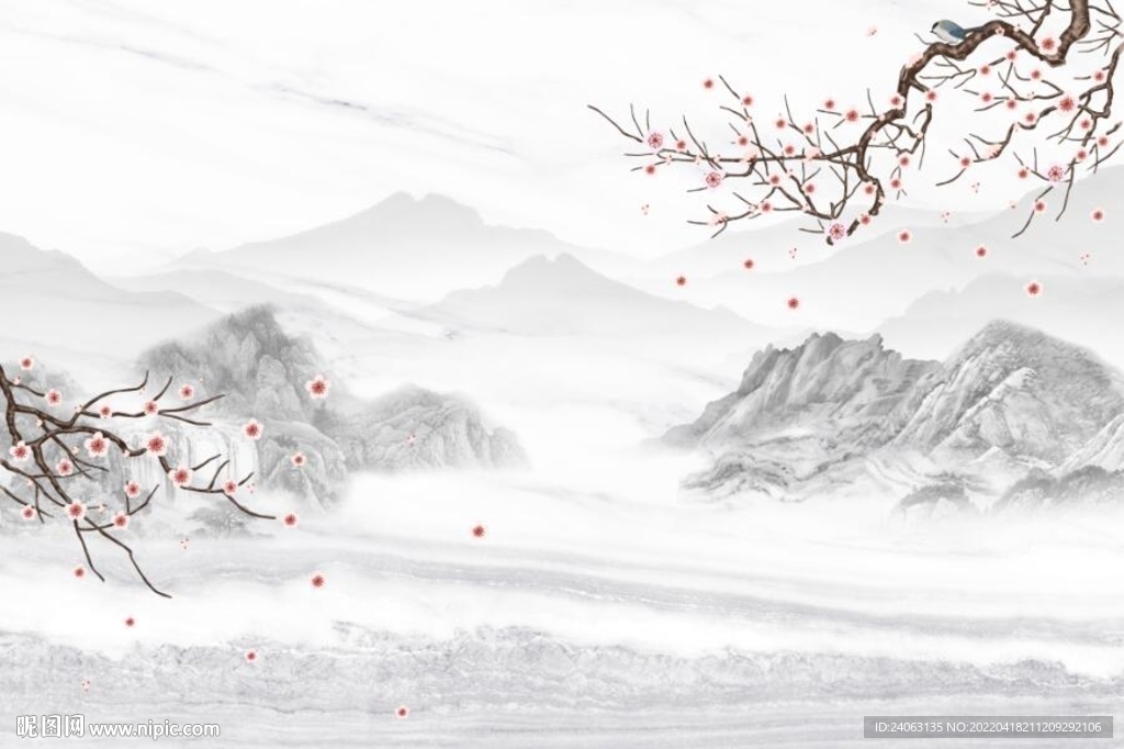 新中式山水国画花鸟背景墙