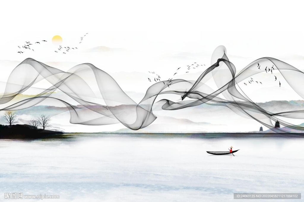 曲线山水画背景墙