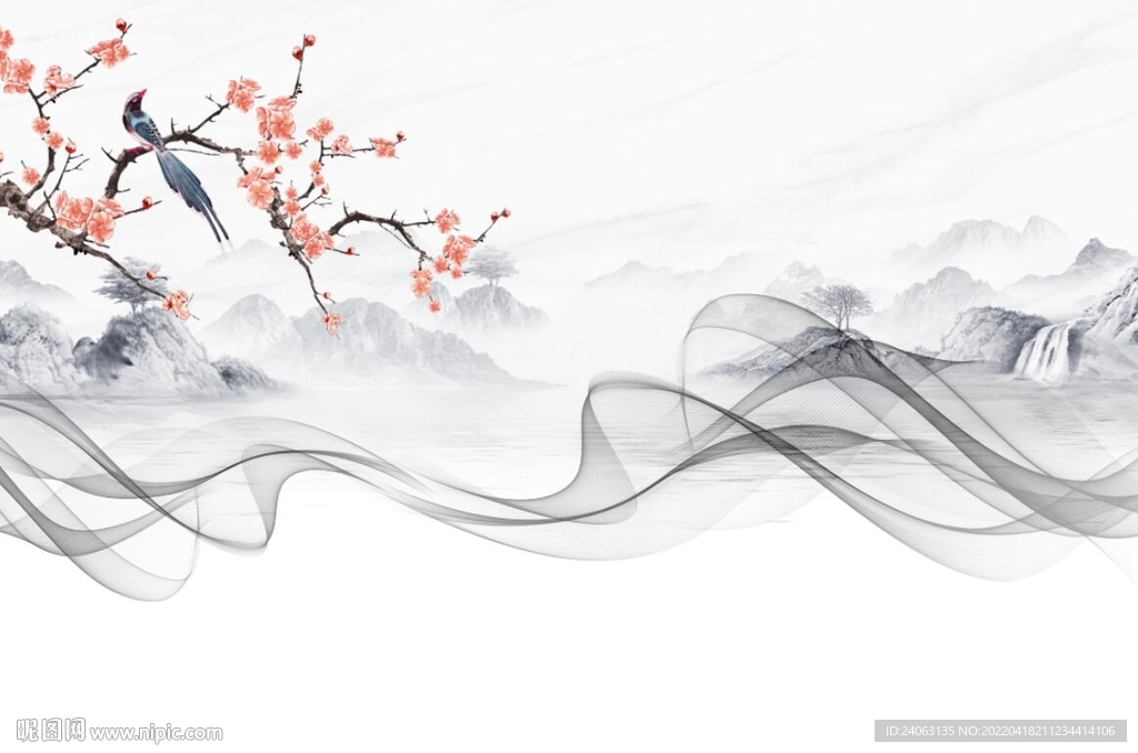 新中式山水国画花鸟背景墙
