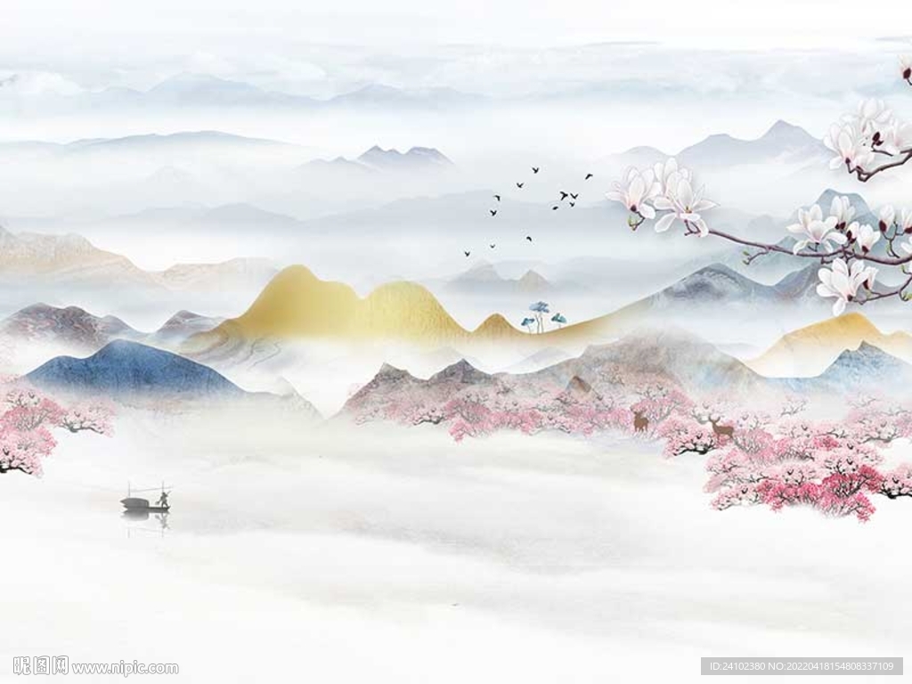 新中式花鸟桃源山水石纹背景