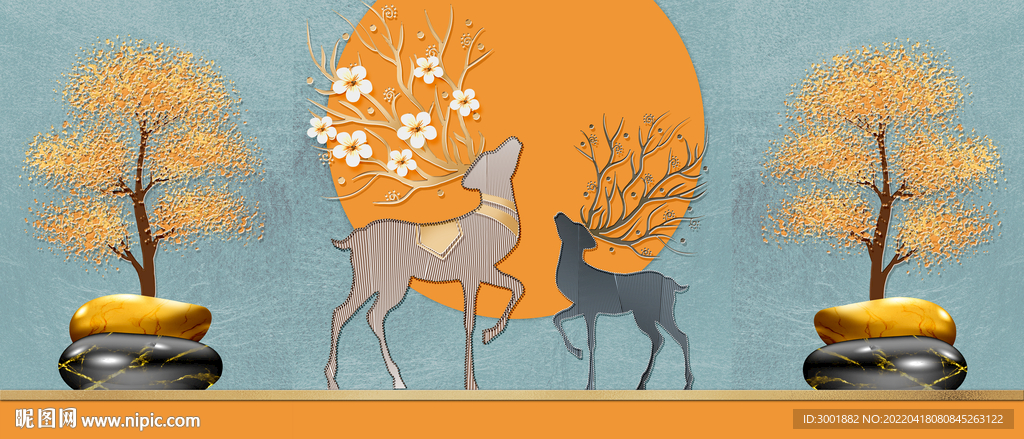 轻奢装饰画 麋鹿 石头 金色树