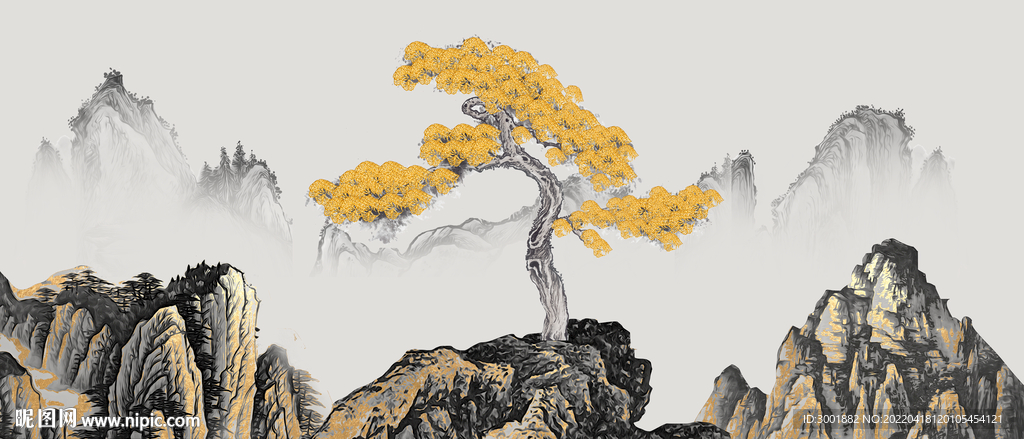 轻奢装饰画 水墨山水画 金色树